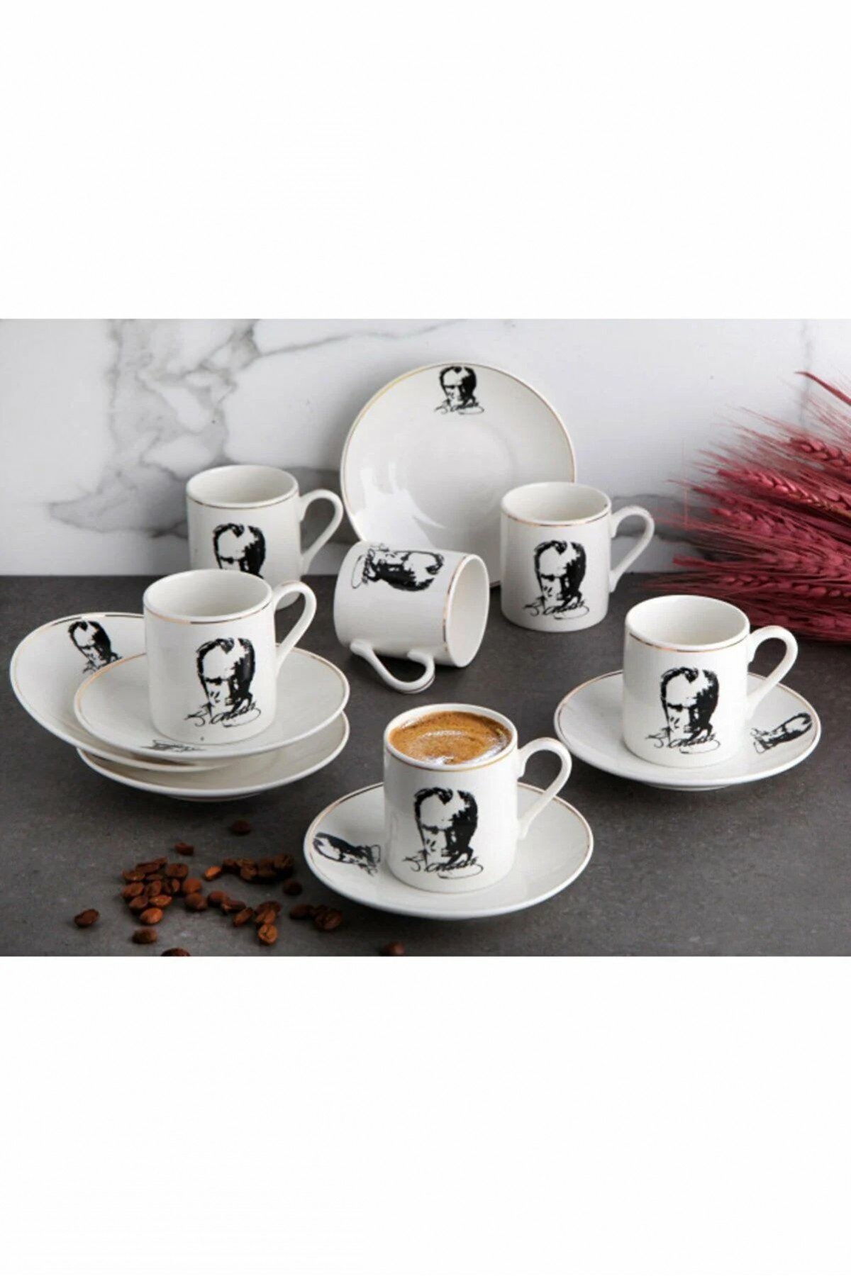 ATATÜRK DESENLİ PORSELEN 6LI KAHVE TAKIMI (P)